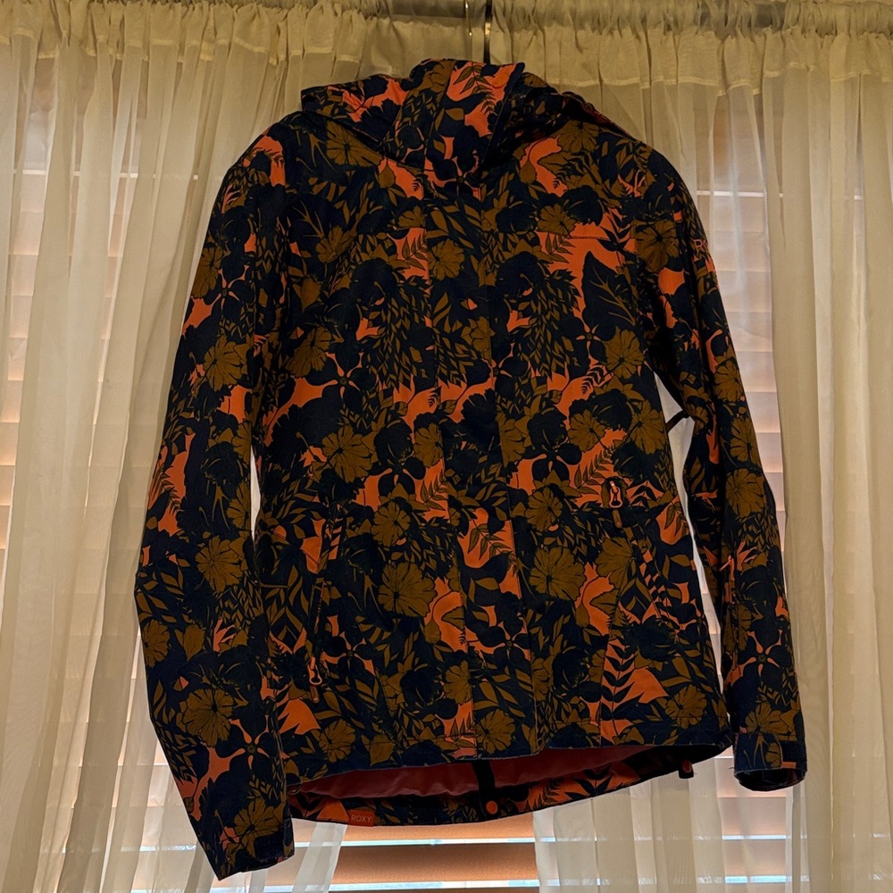 Roxy Navy Floral Hooded Jacket with Coral Accents